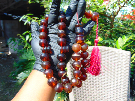 147 gr Tasbih Mesbah Rosary 33+3 Beads 19 mm Indonesian Red Amber for Healing FR28