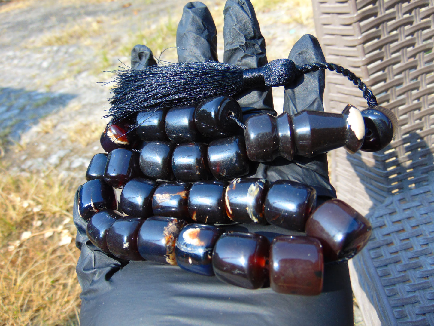 81 gr Komboloi Rosary 22+1 Beads 15x16 mm Indonesian Black Amber for Healing FR35