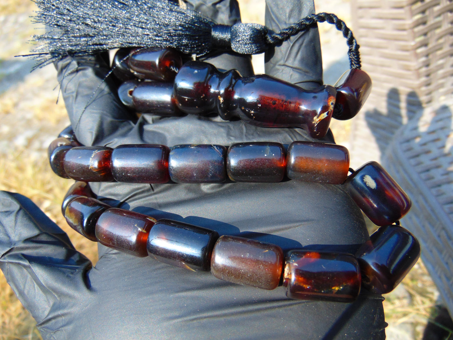 54 gr Komboloi Rosary 22+1 Beads 12x15 mm Indonesian Black Amber for Healing CO18