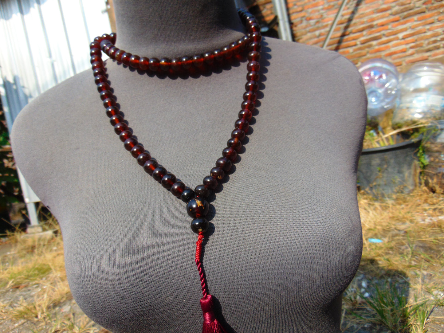 73 gram 108 Beads 10 mm Mala Buddha for Yoga and Meditation Indonesian Dark Red Amber for Healing MB13