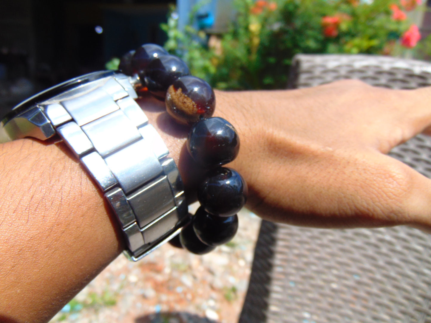 31 gram 14 Beads Mala Bracelet Indonesian Black Blue Amber for Healing A14G280