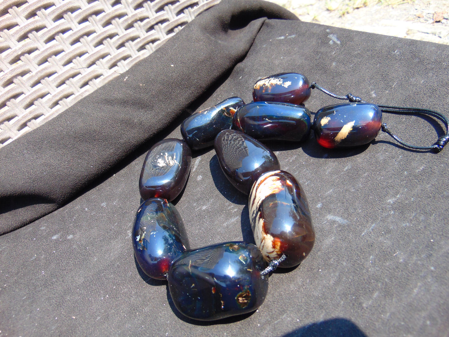 353 gr 9 beads Big Necklace Indonesian dark blue Amber for Healing A9K25
