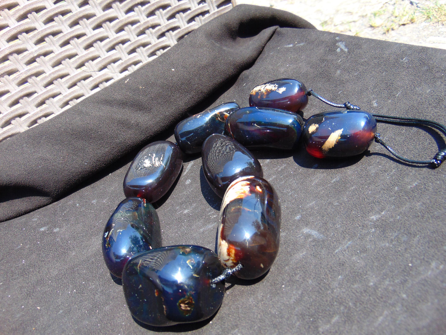 353 gr 9 beads Big Necklace Indonesian dark blue Amber for Healing A9K25