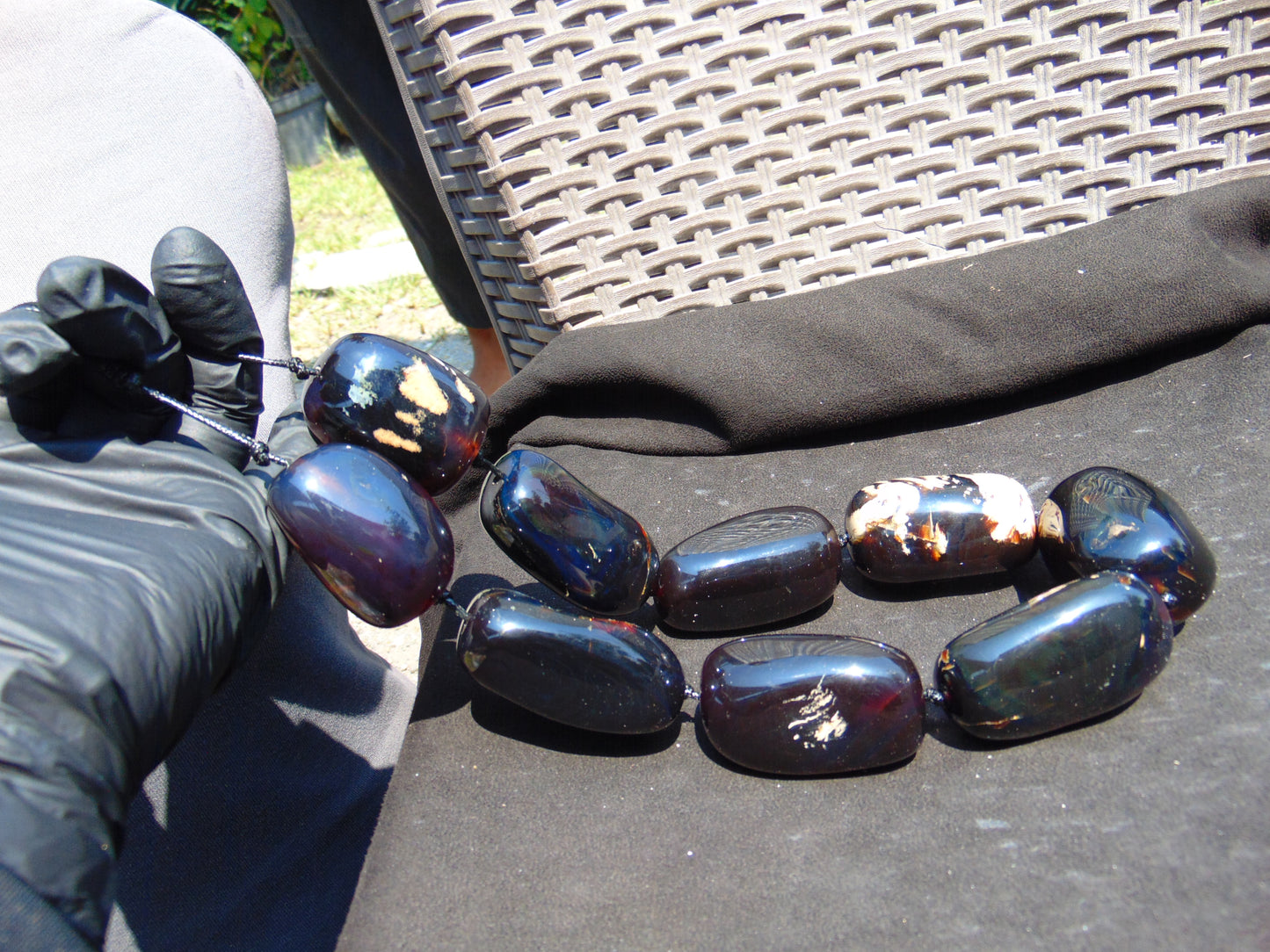 353 gr 9 beads Big Necklace Indonesian dark blue Amber for Healing A9K25