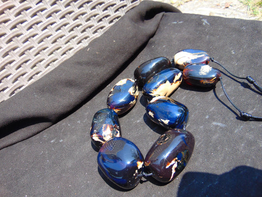 300 gr 9 beads Big Necklace Indonesian Dark Blue Amber for Healing A9K28