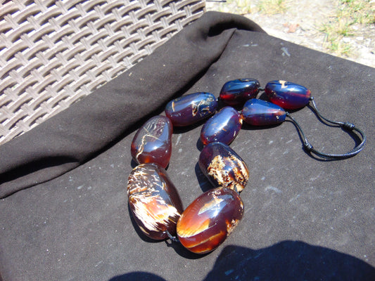 406 gr 9 beads Big Necklace Indonesian yellow blue Amber for Healing A9K23