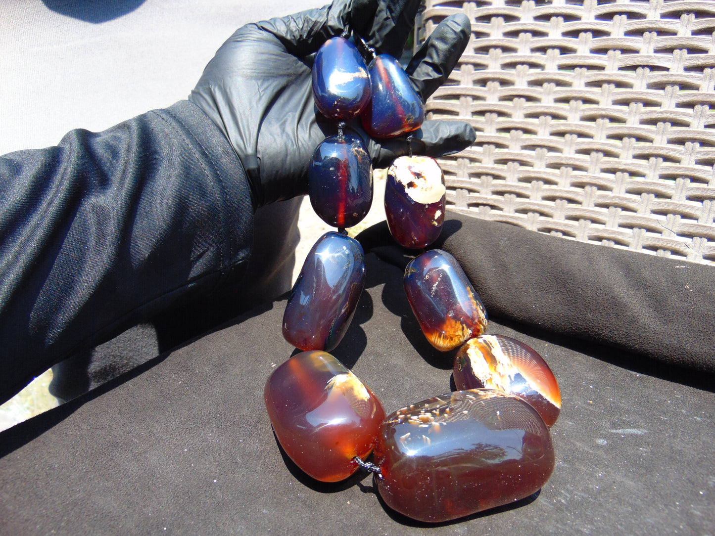 406 gr 9 beads Big Necklace Indonesian yellow blue Amber for Healing A9K23