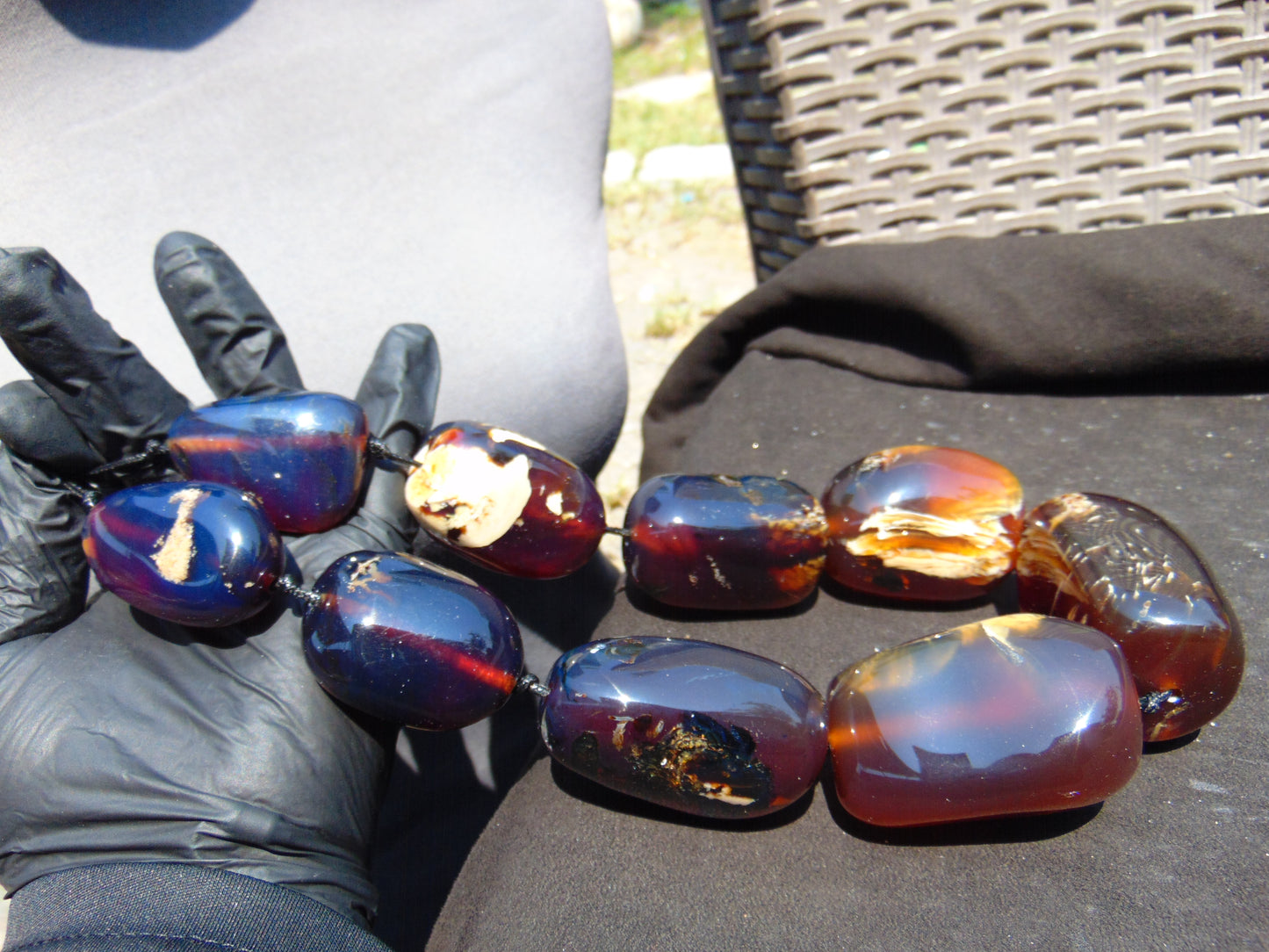 406 gr 9 beads Big Necklace Indonesian yellow blue Amber for Healing A9K23