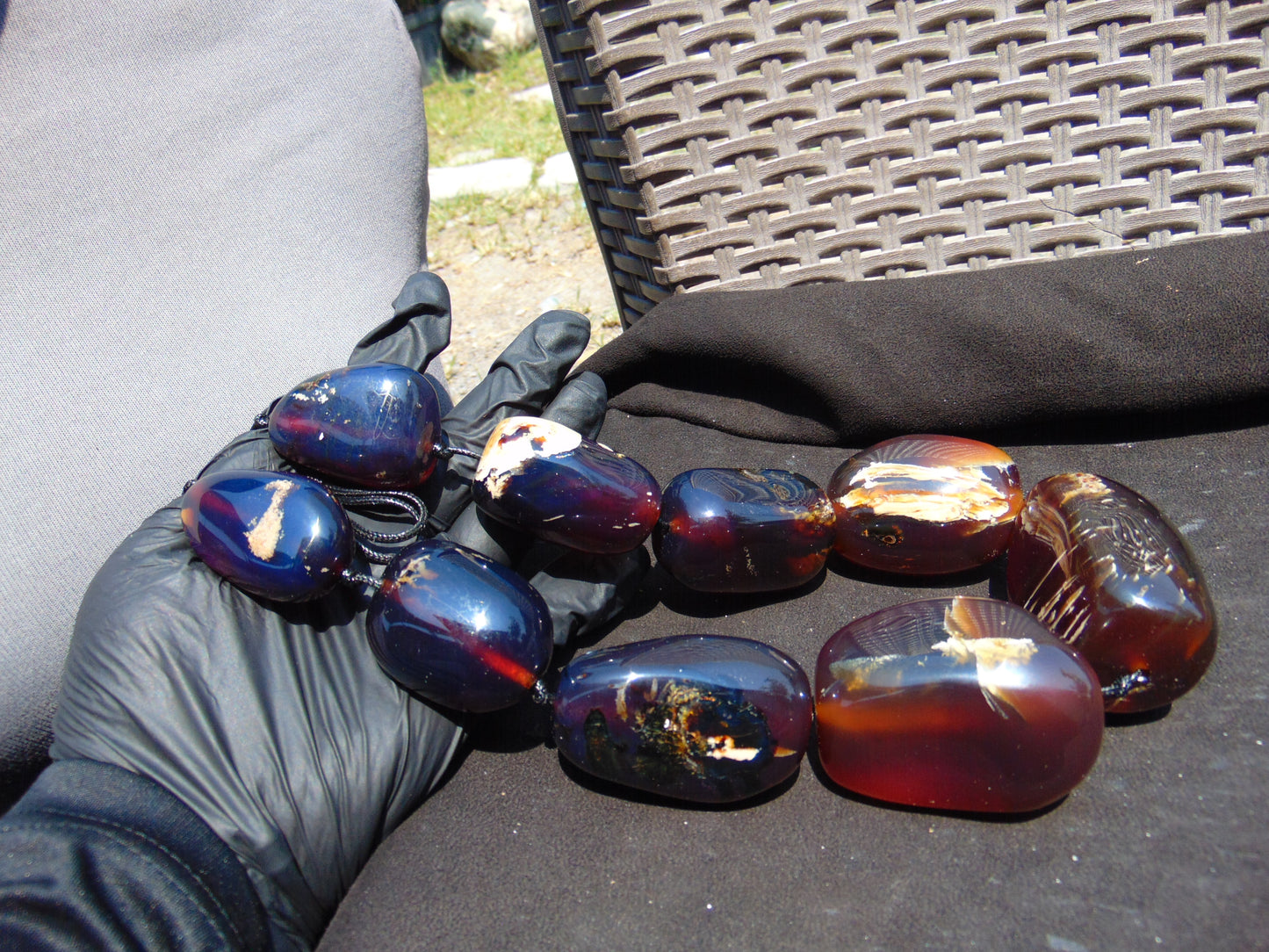 406 gr 9 beads Big Necklace Indonesian yellow blue Amber for Healing A9K23