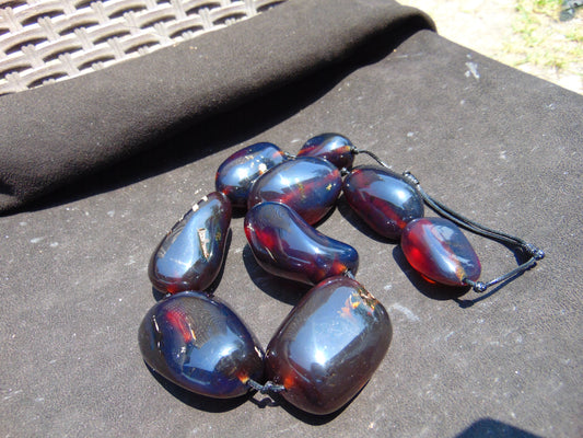 266 gr 9 beads Big Necklace Indonesian Cherry Red Blue Amber for Healing A9K27