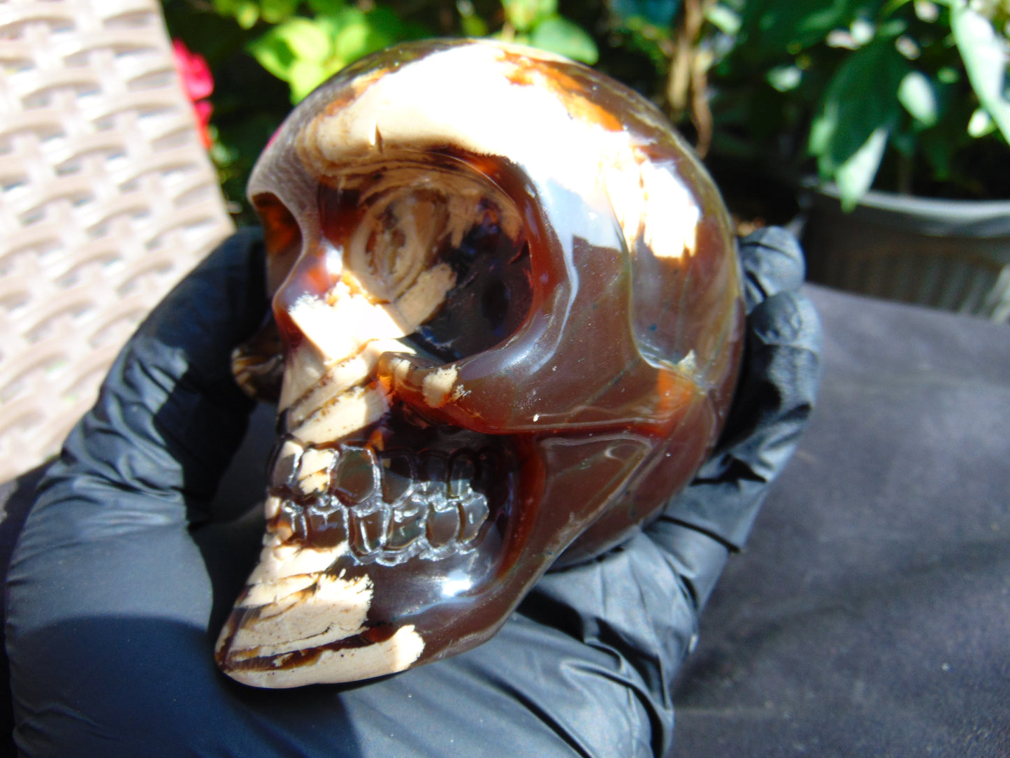 292 grams Skull Carving Indonesian Red White Zebra Amber for healing 96x73 mm AJT102