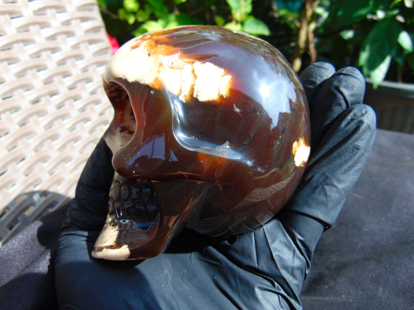 292 grams Skull Carving Indonesian Red White Zebra Amber for healing 96x73 mm AJT102