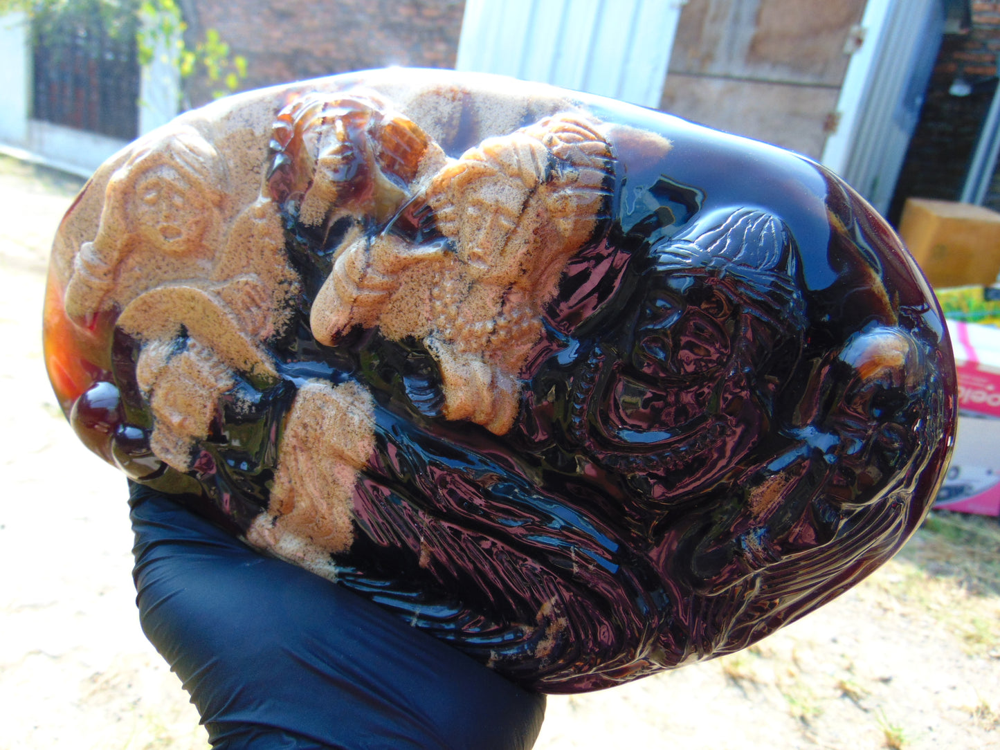 1240 gr Sleep Buddha with 5 Face Dream 250x150x50 mm Indonesia Zebra Amber