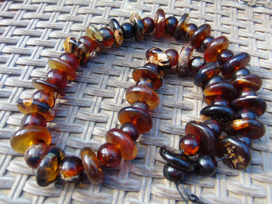 141 gr Small Necklace 61 beads Indonesian Yellow Red Blue Amber for Healing 26NE30