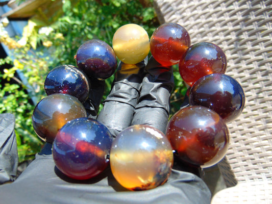 92 gram 10 Beads Mala Bracelet Indonesian Mix Blue Amber 25 mm for Healing BB5