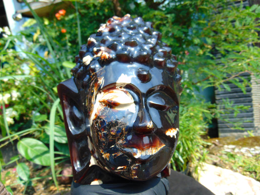 1728 gr 150x158x190 mm Big Buddha head carving on Indonesian Mushroom Inclusion Amber for Healing and Museum