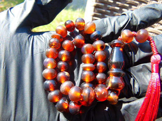 17 gr Hand Tasbih 33+2 Beads 8 mm Indonesian Bluish Red Amber for Healing 26TBS30