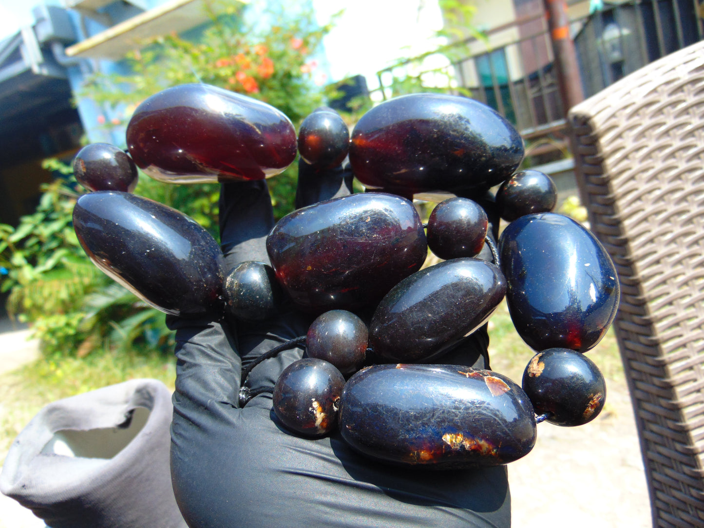 295 gram 15 Beads Big Necklace Indonesian Dark Blue Amber for Healing FR143