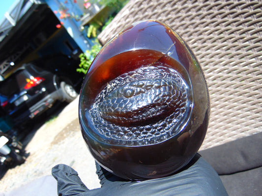 593 gr 4.9x3.9" snake carving on the Amber egg  Indonesian Mushroom Inclusion Purple Blue Amber AJ772