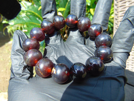 35  gram 14 Beads Mala Bracelet Indonesian Blue Cherry Red Amber 16 mm for Healing A14G270
