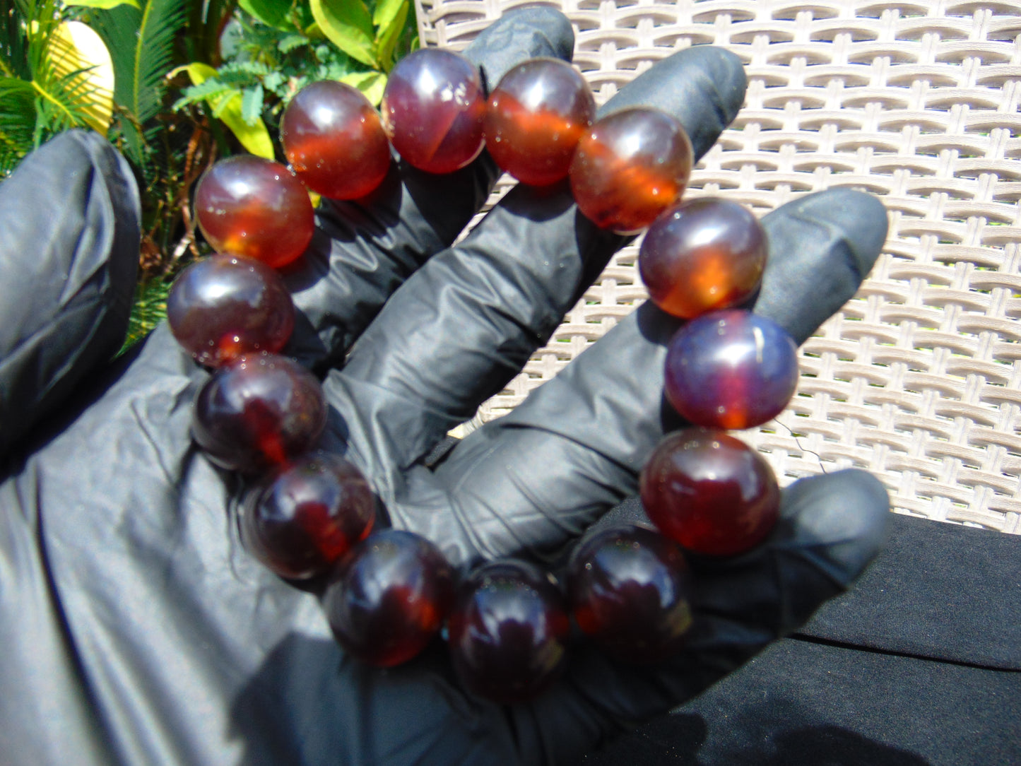 35  gram 14 Beads Mala Bracelet Indonesian Blue Cherry Red Amber 16 mm for Healing A14G271