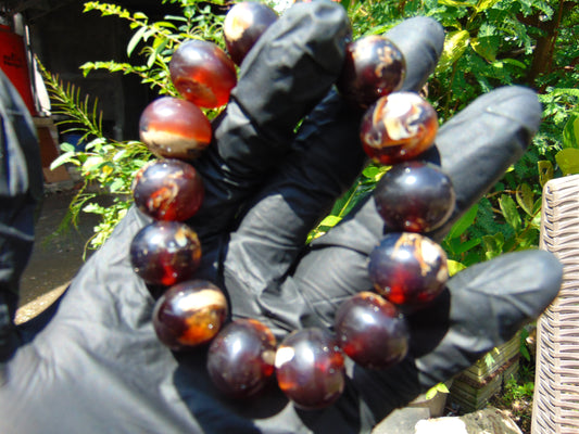 35  gram 14 Beads Mala Bracelet Indonesian Blue Cherry Red Amber 16 mm for Healing A14G274