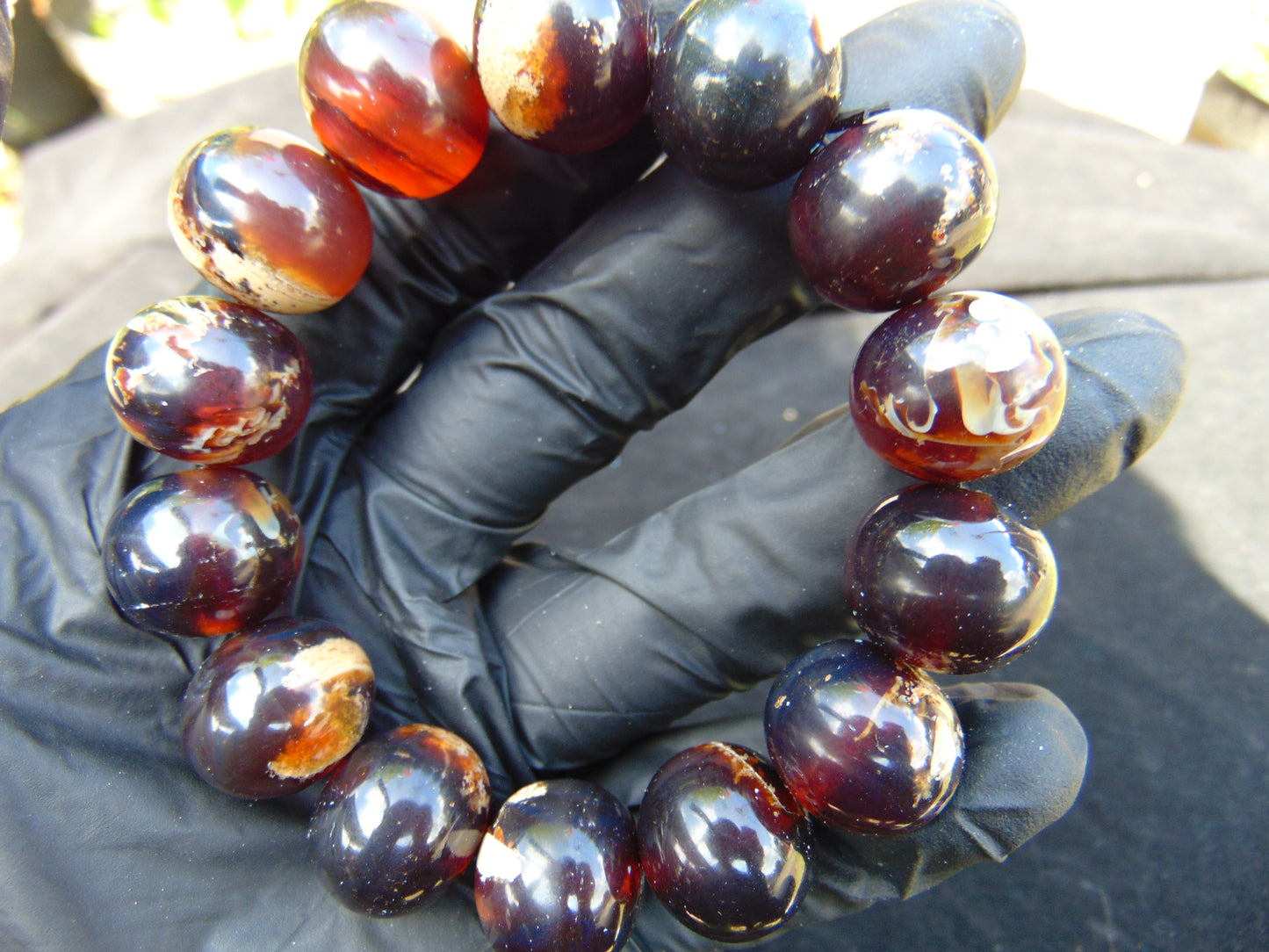 35  gram 14 Beads Mala Bracelet Indonesian Blue Cherry Red Amber 16 mm for Healing A14G274