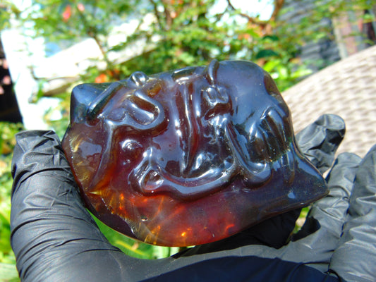 121 gram calligraphy carving ALLAH AKHBAR Indonesian Purple Red Amber for Healing CA5