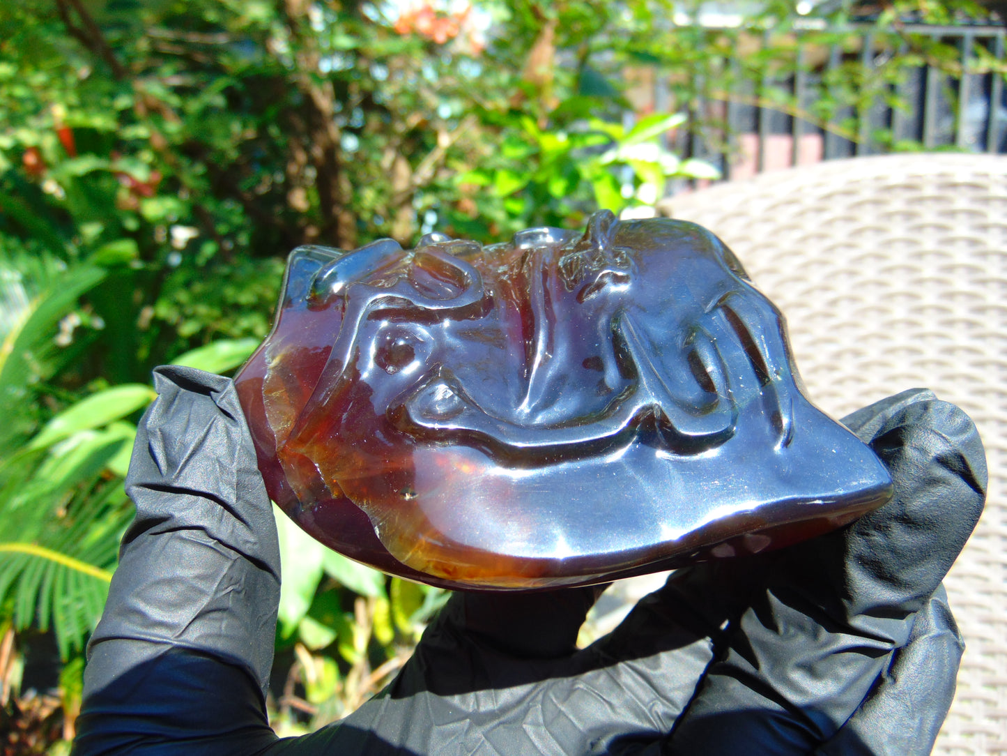 121 gram calligraphy carving ALLAH AKHBAR Indonesian Purple Red Amber for Healing CA5