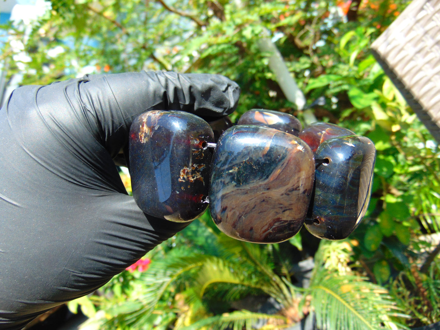 130 gr 7 Square Beads Bangle Indonesian Sumatra Dark Blue Amber for Healing FR113