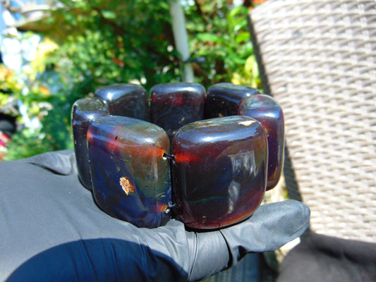146 gr 7 Square Beads Bangle Indonesian Sumatra Dark Blue Amber for Healing FR125
