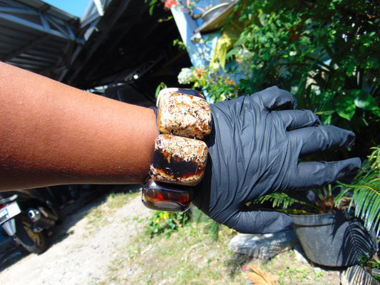 164 gr 7 Square Beads Bangle Indonesian Sumatra White Blue Amber for Healing FR131