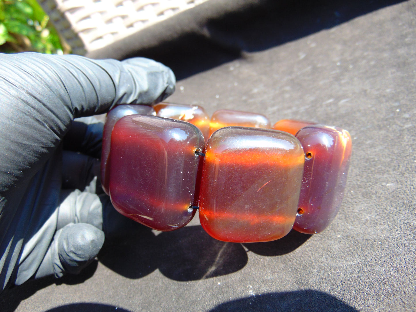 155 gr 7 Square Beads Bangle Indonesian Sumatra Red Purple Amber for Healing FR133