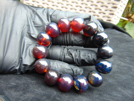 34 gram 14 Beads Mala Bracelet Indonesian Dark Blue Red Amber 16 mm for Healing A14G263