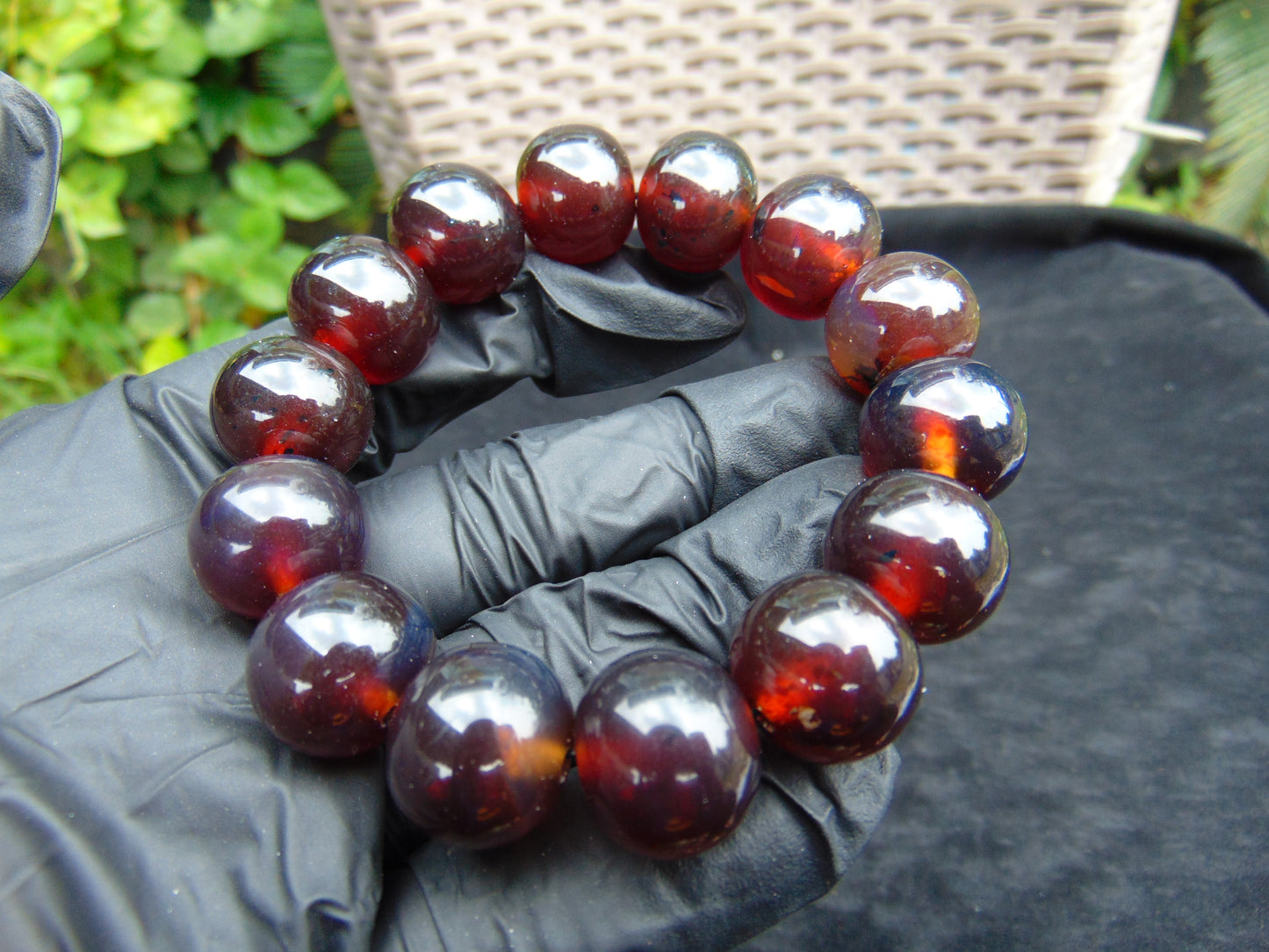 34 gram 14 Beads Mala Bracelet Indonesian Bluish Red Amber 16 mm for Healing A14G248