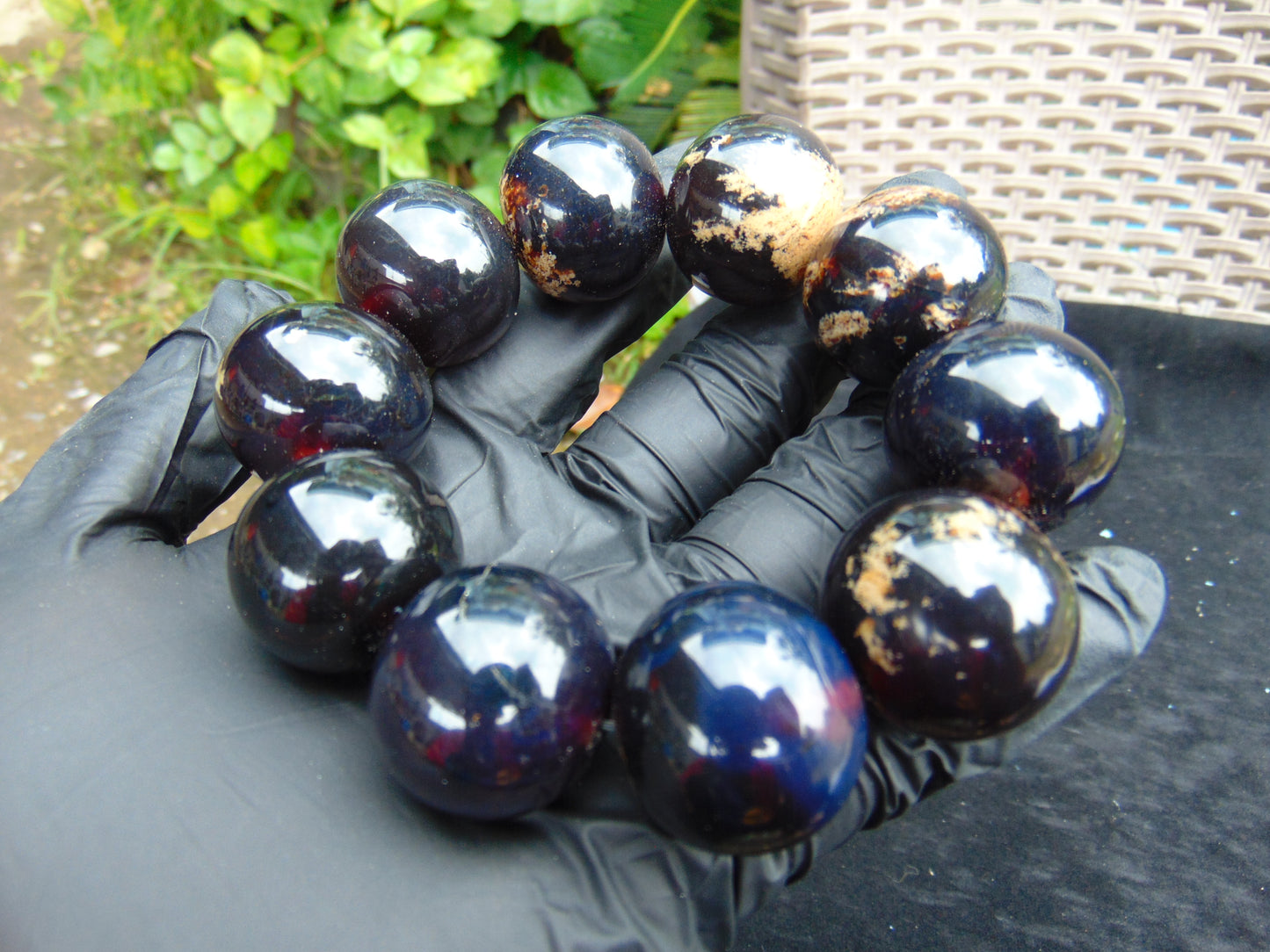 91 gram 10 Beads Mala Bracelet Indonesian Dark Blue Amber 25 mm for Healing A10G238